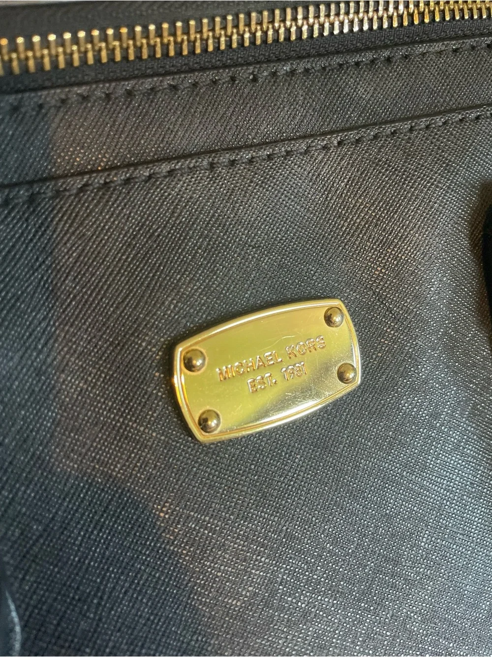 Michael Kors Black Leather Satchel Handbag with Gold Plate